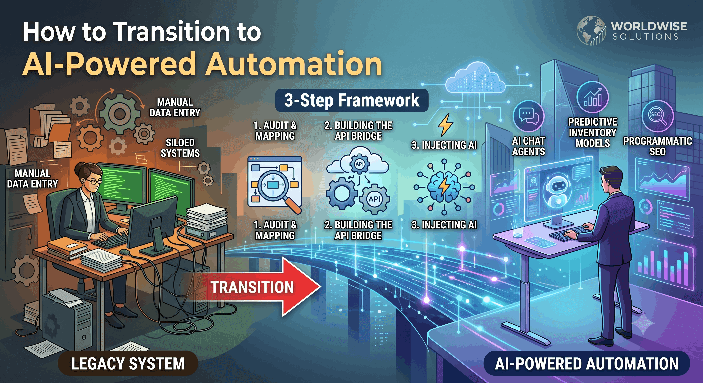 Abstract visualization of modern AI-powered automation replacing legacy business systems
